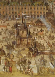 Place Royale a Carrousel v roce 1612, detail Palais de la Felicite a vozy (detail 161010)